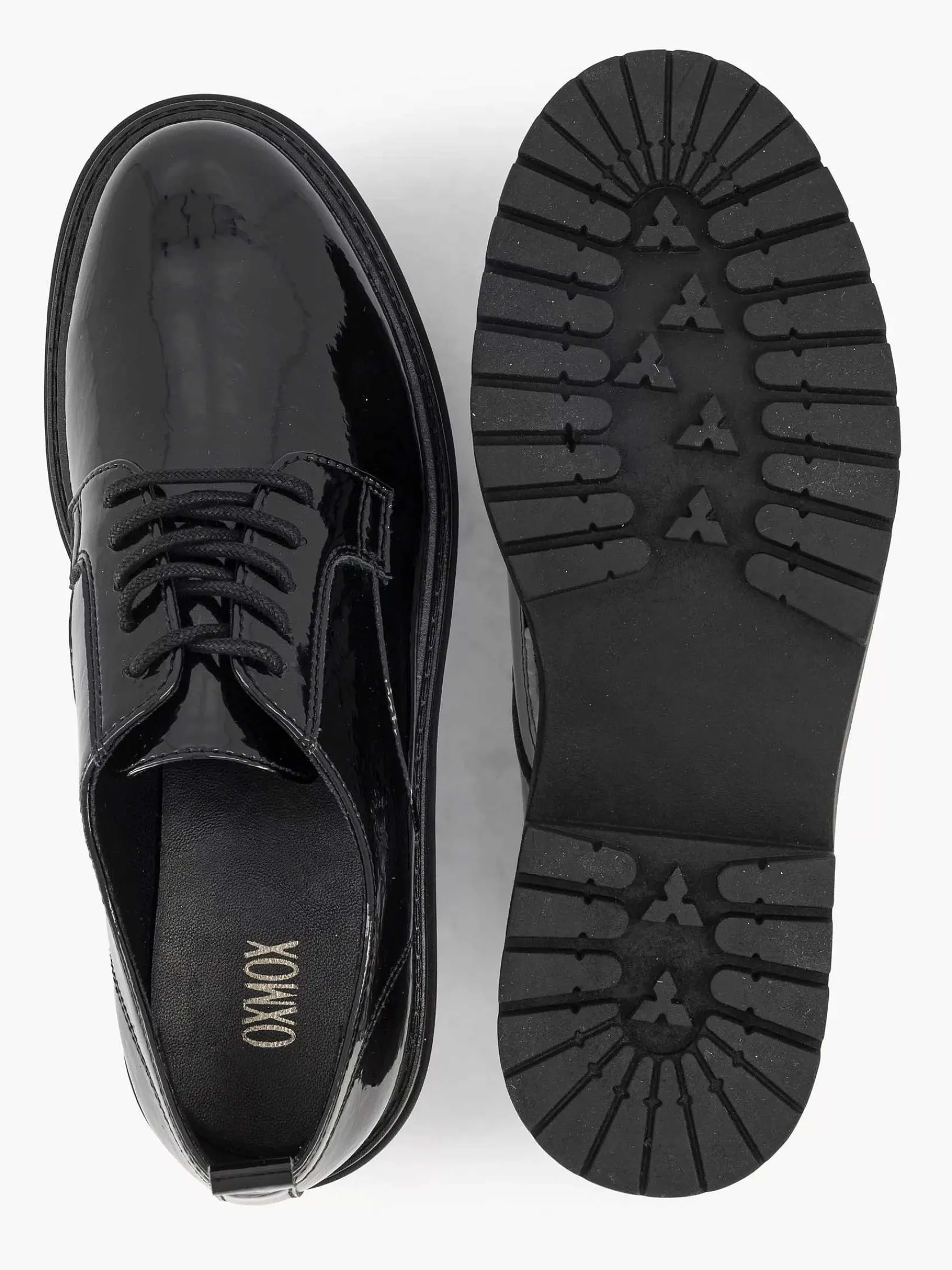 Instappers|Oxmox Zwarte Chunky Veterschoen Lak
