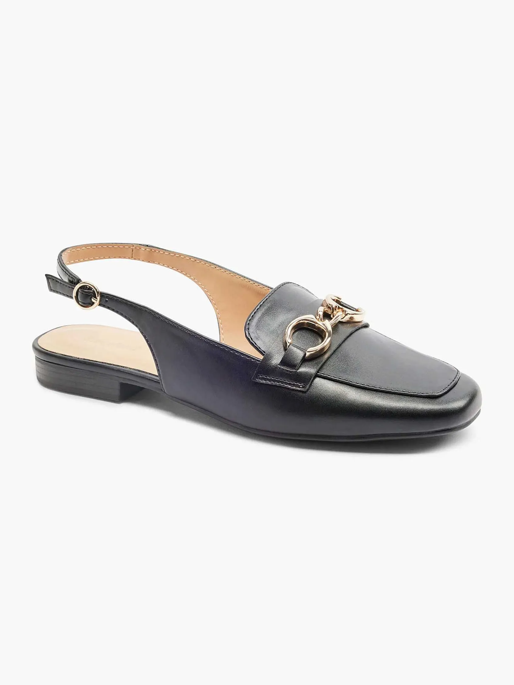Instappers|Graceland Zwarte Platte Slingback Sierketting